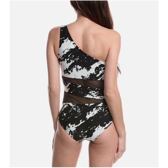 NWOT Carmen Marc Valvo One-Shoulder Mesh Cutout Swimsuit Black/White – Size 10 - Picture 2 of 10